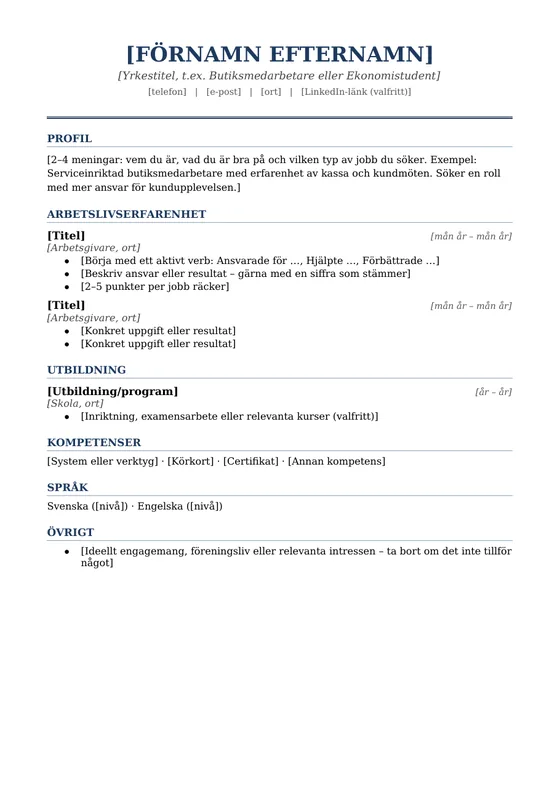 CV-mall Klassisk i Word – gratis att ladda ner