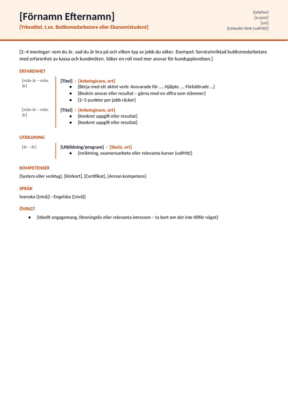 CV-mall Kompakt i Word – gratis att ladda ner